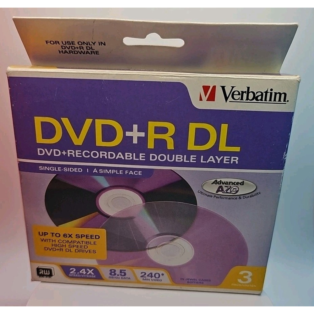 Verbatim Double Layer DVD+R DL 3-disc pk Jewel Cases 8X 8.5GB #95014 New Sealed